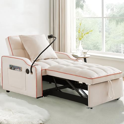 3 in 1 Sleeper Sofa Couch Bed, Velvet Convertible Single Sleeper Sofa with 3 Level Adjustable Backrest, Storage Pockets, Toss Pillows, Pull Out Single Sleeper for Living Room, Black