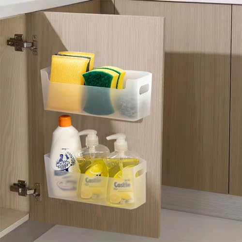 2 Pack Cabinet Organizer Storage, Adhesive Over Cabinet Door Organizer, No Drilling Space Saver Plastic Storage Containers Multi-Use for Kitchen Bathroom Office Bedroom, Translucent