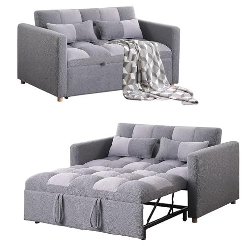 Loveseat Sleeper, Pull Out Sleeper Sofa with Adjustable Backrest and Pillows, Teddy Fabric Couch Bed for Living Room, Apartment and Small Space (Brown)