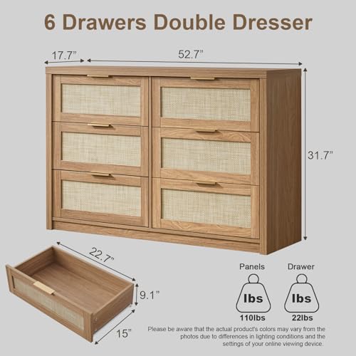 Hampstead 6 Drawer Dresser, Rattan Dresser for Bedroom, Boho Chest of Dressers, TV Stand of Large Drawers, Wood Drawer Organizer for Bedroom Living Room Hallway, 47.24