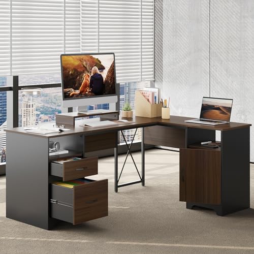 Bestier L Shaped Desk with File Drawers, 63