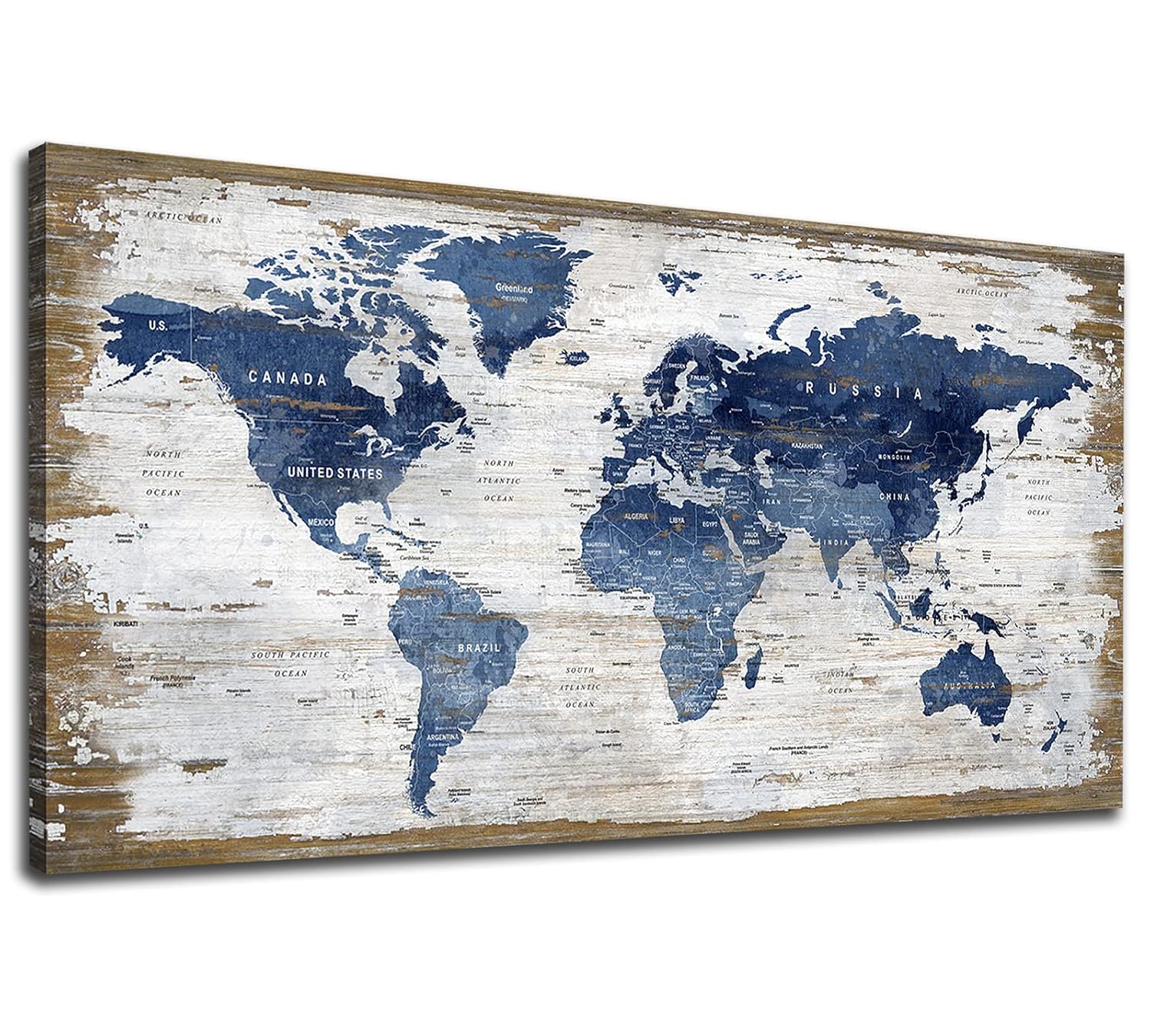 Large Vintage World Map Canvas Wall Art Dark Blue Map of The World Canvas Pictures Retro Map Canvas Artwork Prints for Office Home Living Room Bedroom Wall Decoration Framed Ready to Hang 24