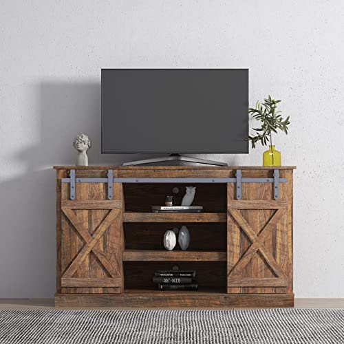 Yoglad Wooden Farmhouse Style 53.9 Inch TV Stand Storage Shelves, Entertainment Center Television Stands with Sliding Wood Barn Doors, Cabinet Console for Living Room Bedroom, Rustic Natural (04)