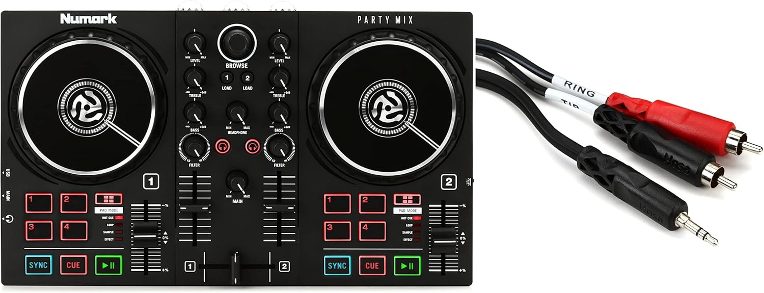 Numark Party Mix II DJ Controller with Built-in Light Show Bundle with CMR-210 Stereo Breakout Cable - 3.5mm TRS Male to Left and Right RCA Male - 10 foot