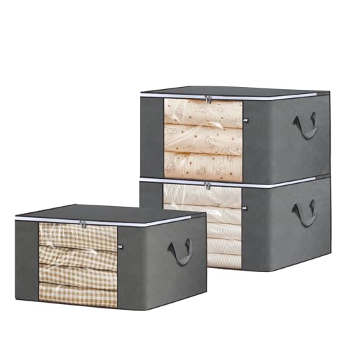 Large Storage Bags for Clothes, 3 Pack Foldable Blanket Clothing Storage Bags with Lids and Reinforced Handle, Storage Containers with Zipper for Organizing Bedroom, Closet, Comforter (60L, Grey)