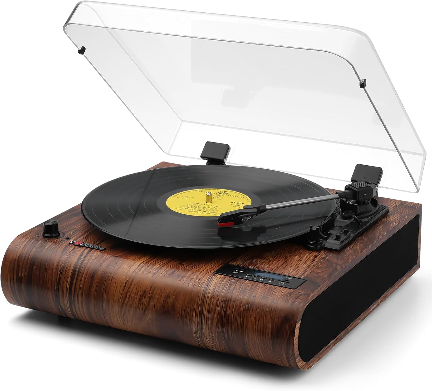 Bluetooth Record Player, 3 Speed Turntable with Built-in Speakers, Retro LP Vinyl Player with BT Input & Output, FM Radio, USB & SD Card Recording, Aux in, LED Display