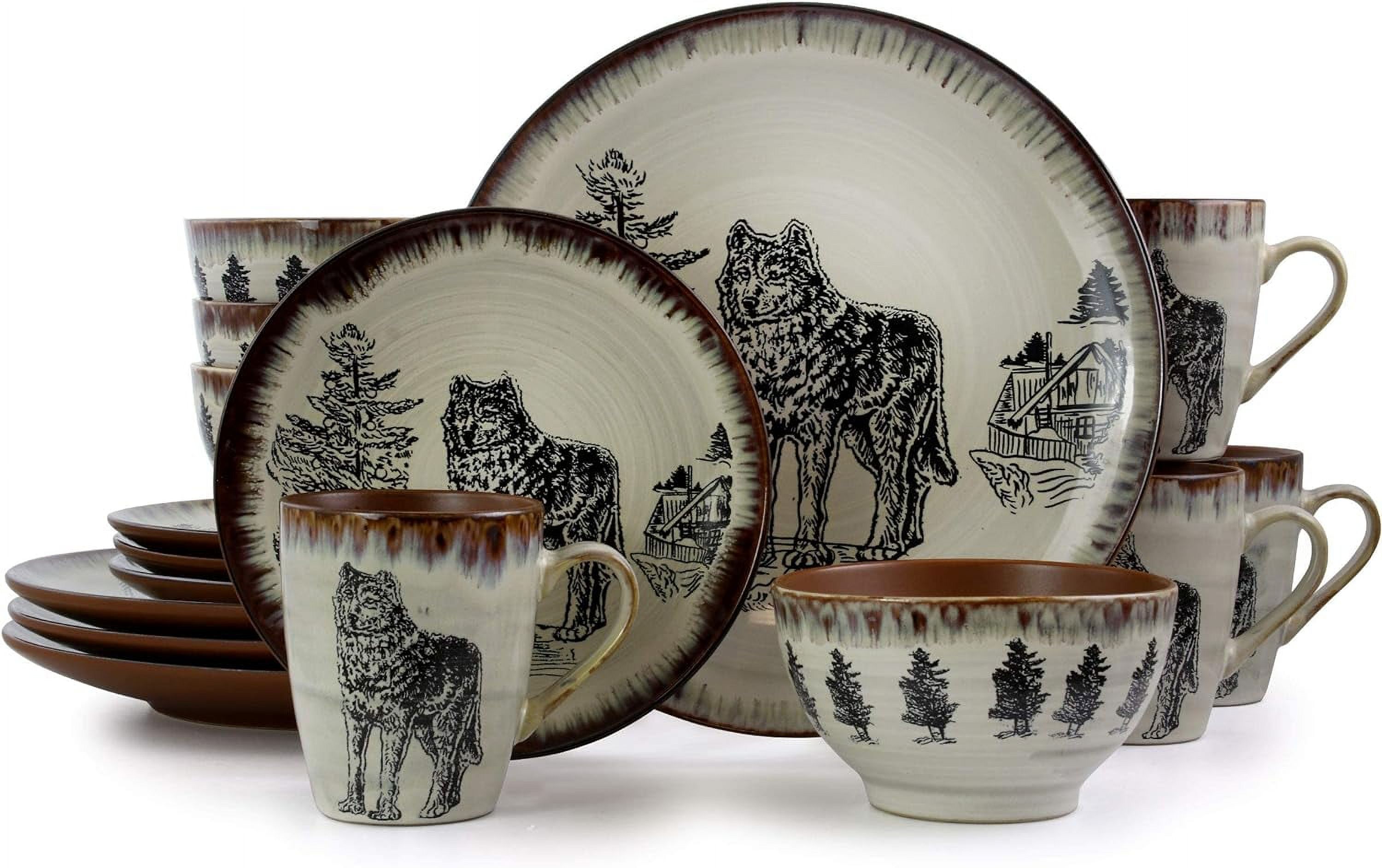 Round Stoneware Cabin Dinnerware Dish Set, 16 Piece, Design With Warm Taupe And Brown Accents