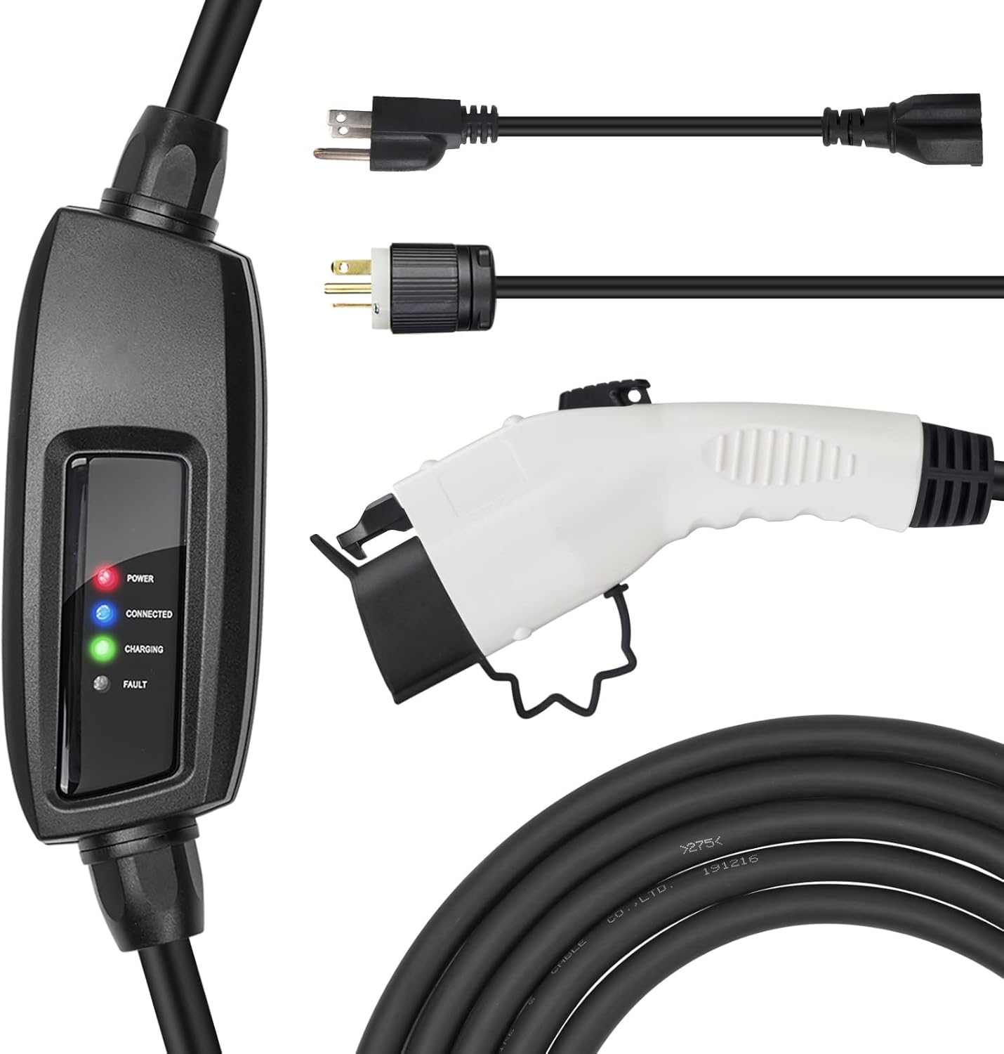 BougeRV Level 1-2 EV Charger, 110V-240V 16Amp 25 Feet Charging Cable with NEMA6-20 Plug & NEMA 5-15 Adapter, Portable EVSE Electric Vehicle Charger