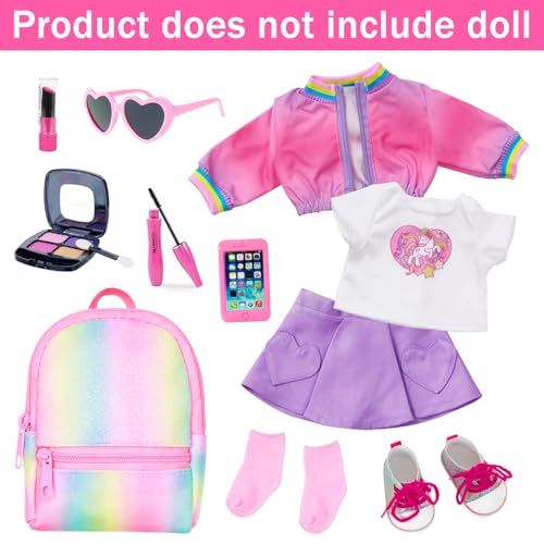 American 18 Inch Doll Clothes and Makeup Accessories Set - Doll Makeup Doll Outfit Playsets Bundle with Rainbow Backpack and Fashion Essentials (Doll NOT Included)