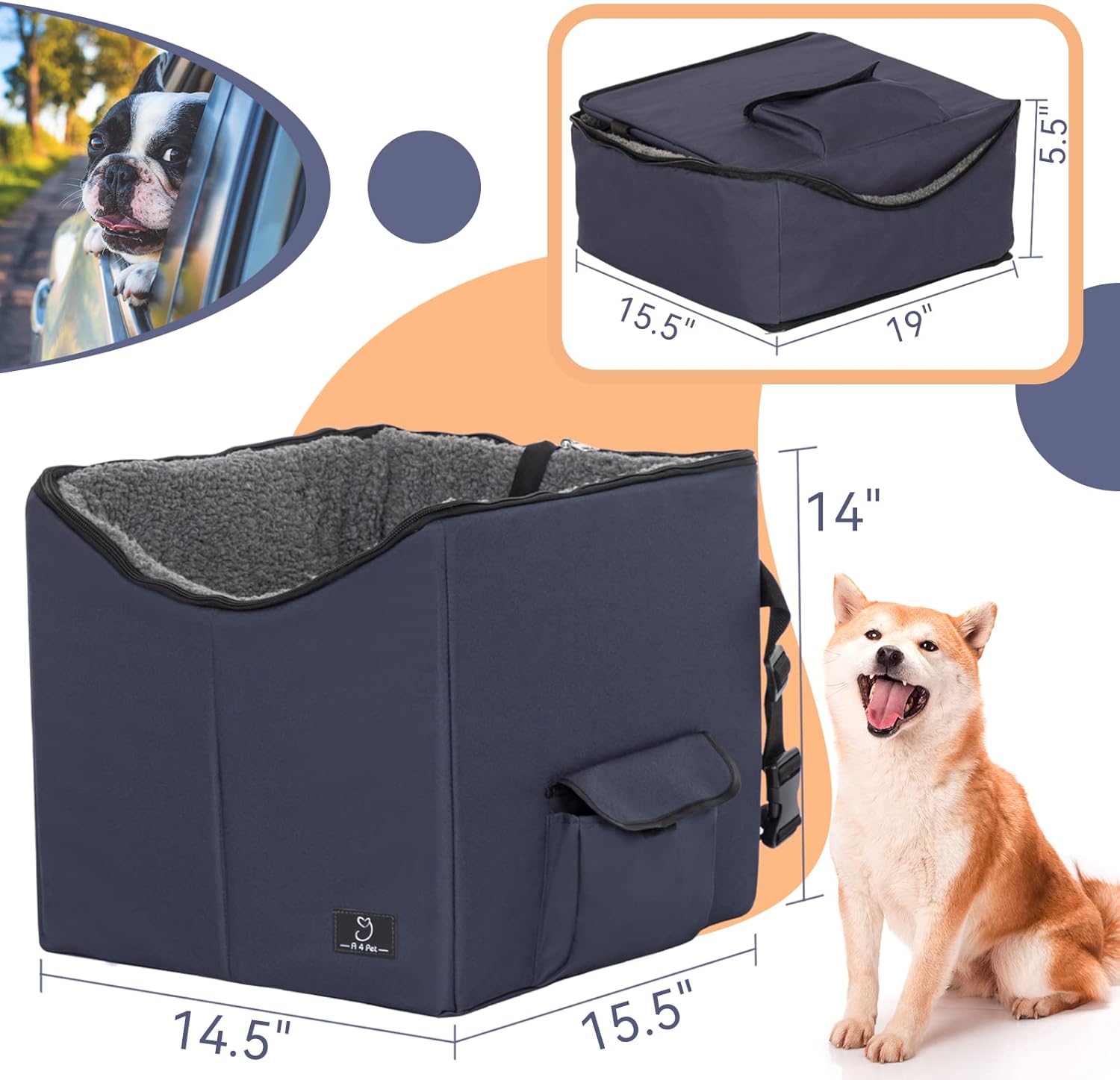 A4Pet Lookout Dog Car Seat, Folding Breathable Dog Booster Car Seat, Soft Pet Bed at Home for Small Dogs Cats or Other Small Pet, for Travel, with Carry Bag