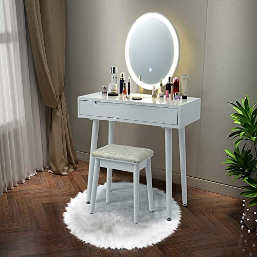 LDAILY Vanity Table Set with 3-Color Lighted Dimming Mirror, Wooden Makeup Table with Cushioned Stool & 2 Sliding Drawer, Touch Screen, Modern Bedroom Dressing Table for Women, Girl (White)