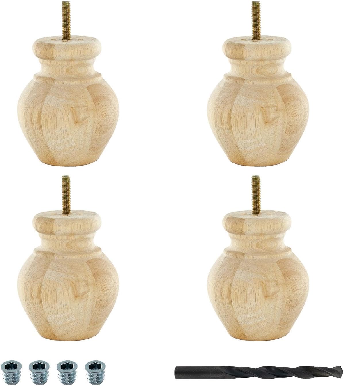 4 in. x 3-1/8 in. Unfinished Solid Hardwood Round Bun Foot | 4 Pack with 4 Free Insert Nuts and Drill Bit