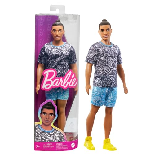 Barbie Fashionistas Ken Fashion Doll #204 with Brown Hair in Man Bun Wearing Paisley Tee & Shorts with Yellow Sneakers