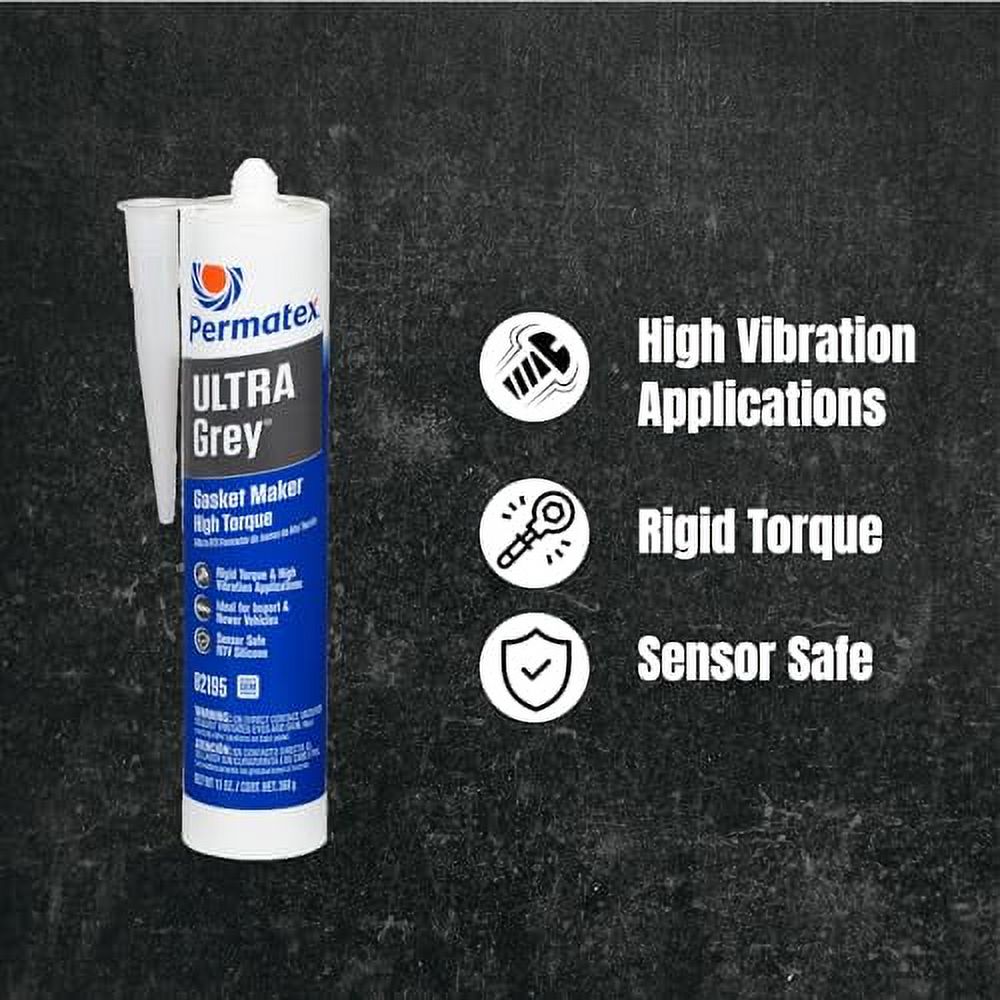 Permatex 82195 Ultra Grey Rigid High-Torque RTV Silicone Gasket Maker, Sensor Safe And Non-Corrosive, For High Torque And Vibration Resistant Applications, 13 oz