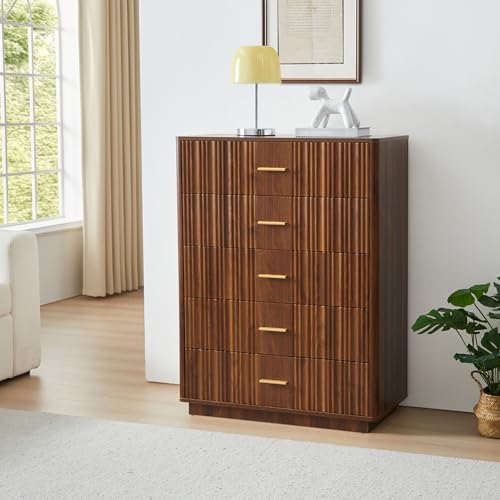 Fluted 5 Drawers Dresser for Bedroom, Wooden Tall Storage Dresser, Modern Chest of Drawers with Metal Handle, Curved Profile Wood Closet Clothes Storage Organizer for Living Room, Hallway, Walnut