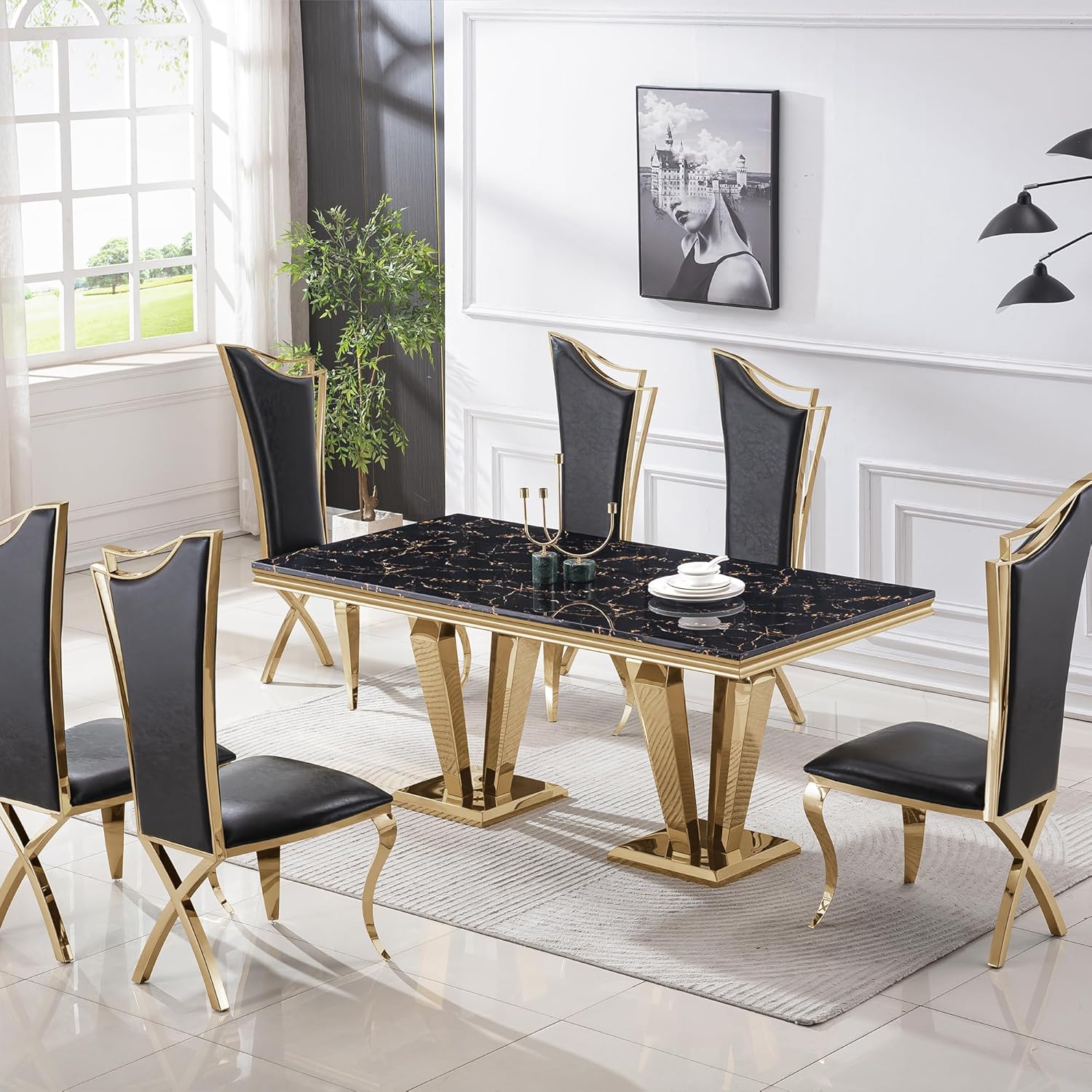 Modern Dining Room Table Set for 6, Marble Dining Table Set for 6, 70