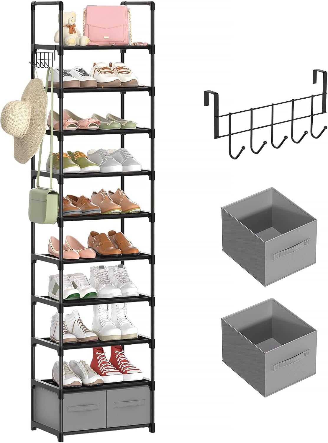 Tall Shoe Rack, 10 Tiers Metal Narrow Shoe Rack Black Shoe Tower Organizer, Vertical Shoe Rack for Small Spaces Closet Entryway Corner, Space Saver Skinny Shoe Shelf with 2 Boxes and 1 Hook