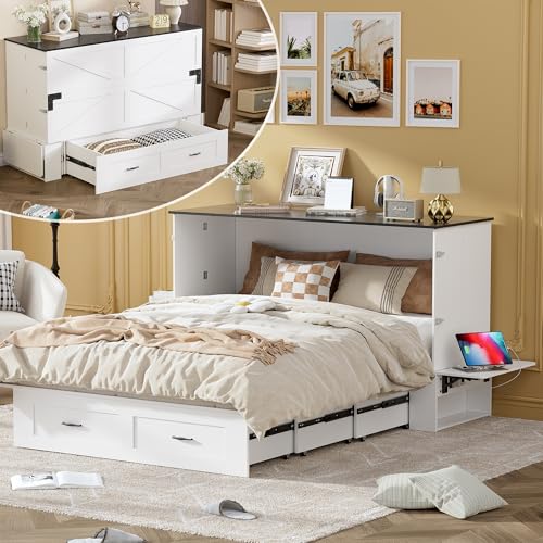 PAKASEPT Murphy Bed Queen, Bed Cabinet Frame with Storage & Charging Station, Murphy Cabinet Bed with Hidden Space for Bedroom/Guest Room