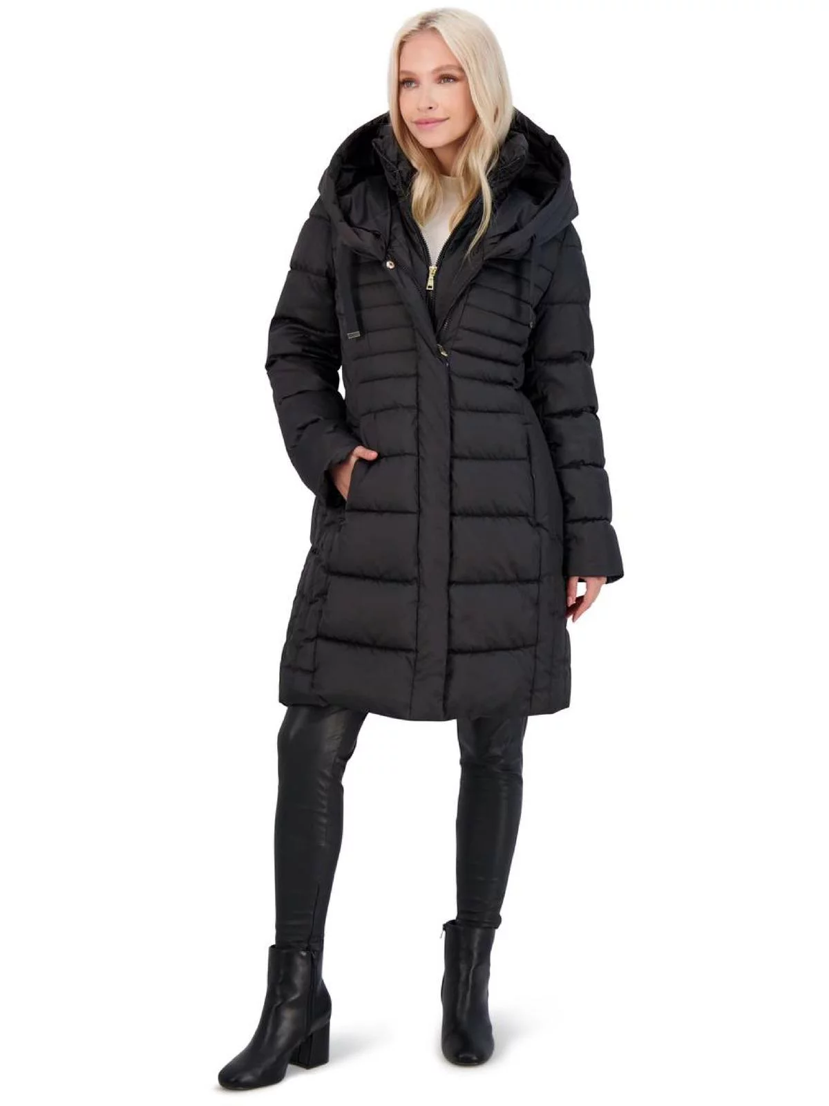 Tahari Casey Fitted Puffer Coat for Women-Quilted Winter Coat with Bib
