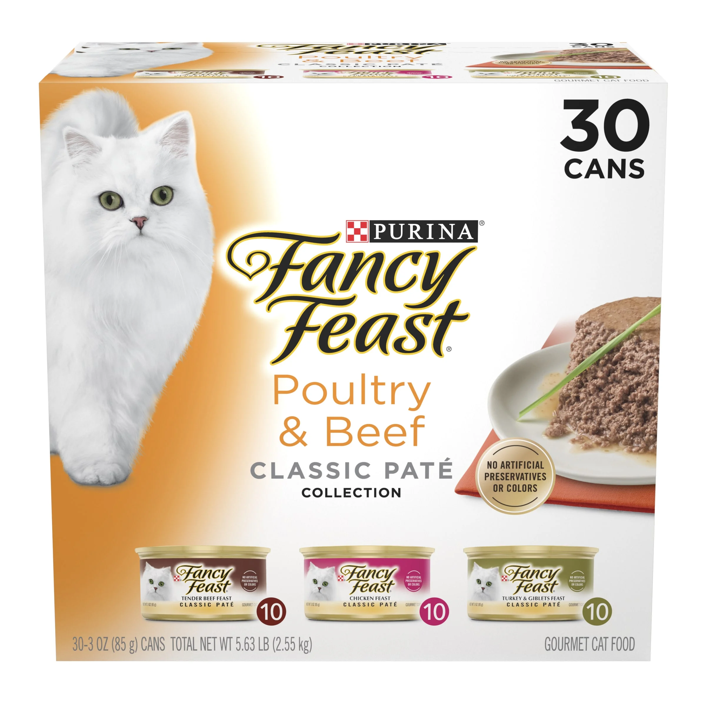 (30 Pack) Fancy Feast Grain Free Pate Wet Cat Food Variety Pack Poultry & Beef Collection 3 Oz. Cans