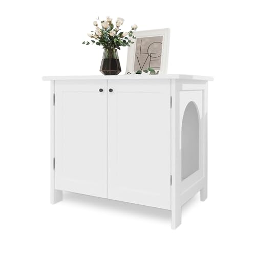 Litter Box Enclosure, Cat Litter Box Furniture with Removable Divider, Large Hidden Litter Box Furniture, Wooden Cat House(White)
