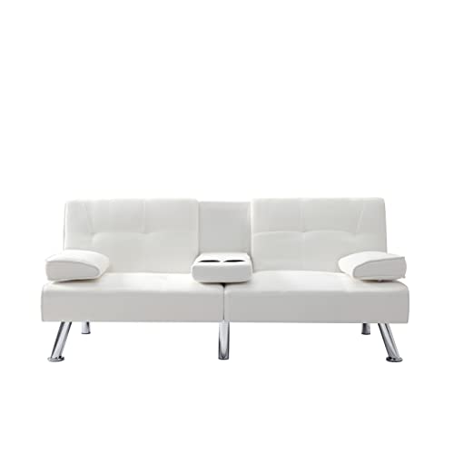 Synthetic Leather Cushion Modern Convertible futon, Adjustable Folding Sofa Bed, Guest Room Bed with Detachable armrests, Two Cup Holders, Metal Legs (Polyester Blend, Beige)