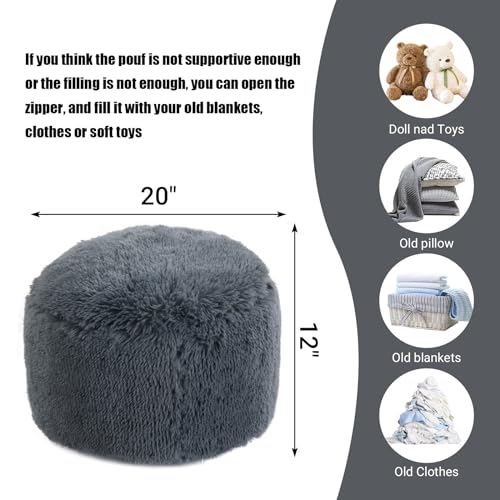Round Stuffed Pouf Ottoman, Long Plush Faux Fur Pouf with Supportive Filling, Fluffy & Furry Couch Foot Stool Storage Ottoman for Living Room, Bedroom and Kids Room, Floor Pouf Foot Rest