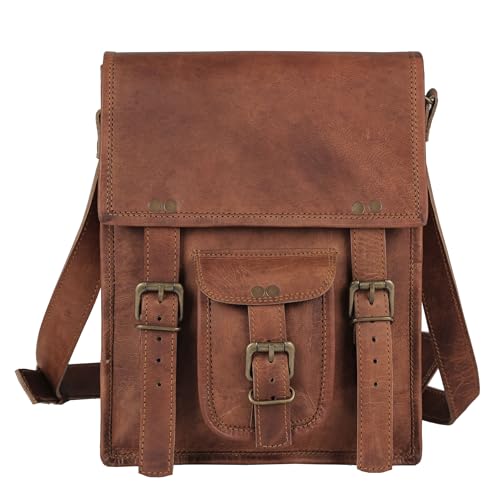 Leather crossbody bag messenger satchel tablet bag 11 inches for men and women (Brown)