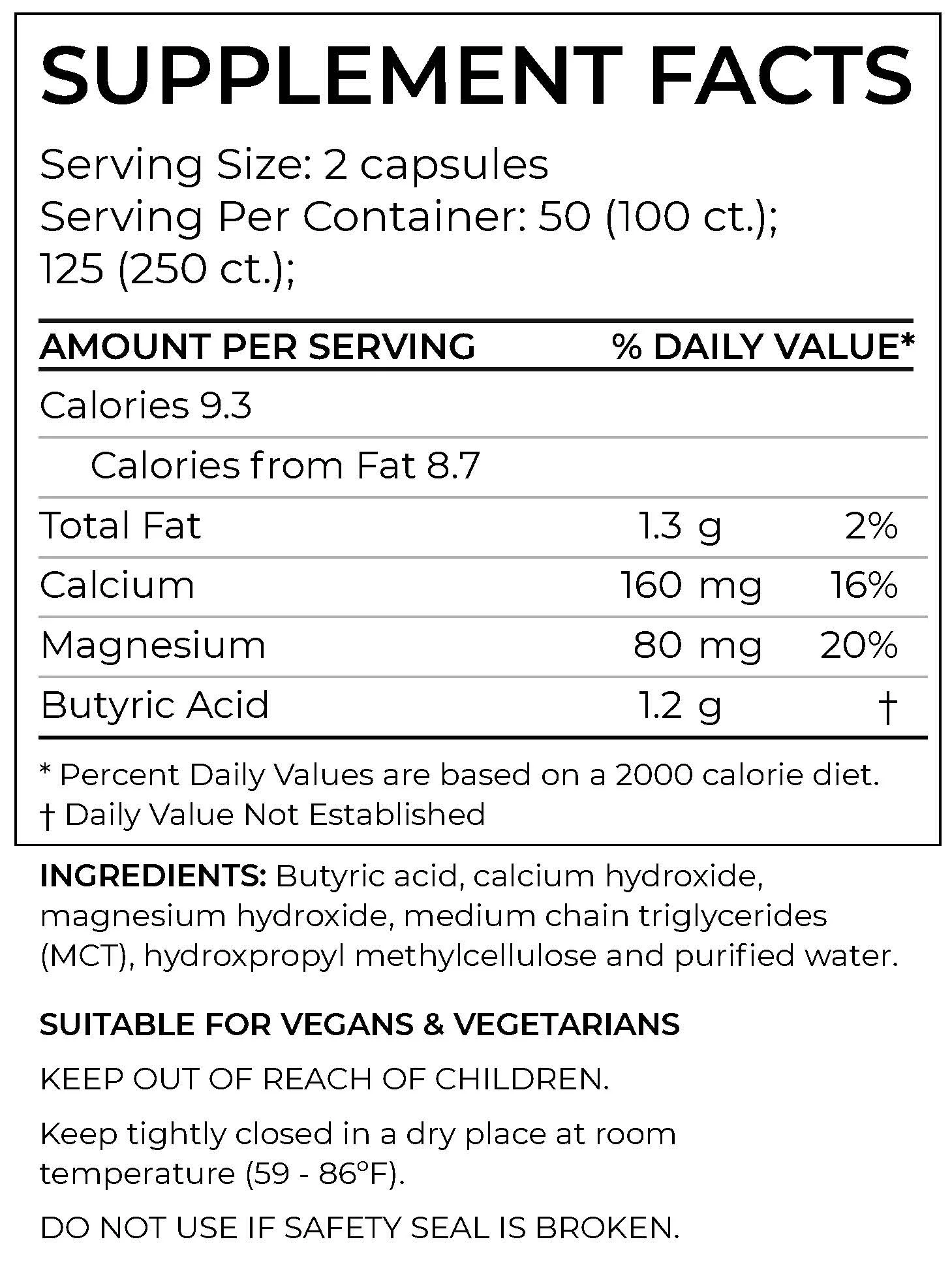 BodyBio - Butyrate Gut Health Supplement 100 Calcium Magnesium Capsules