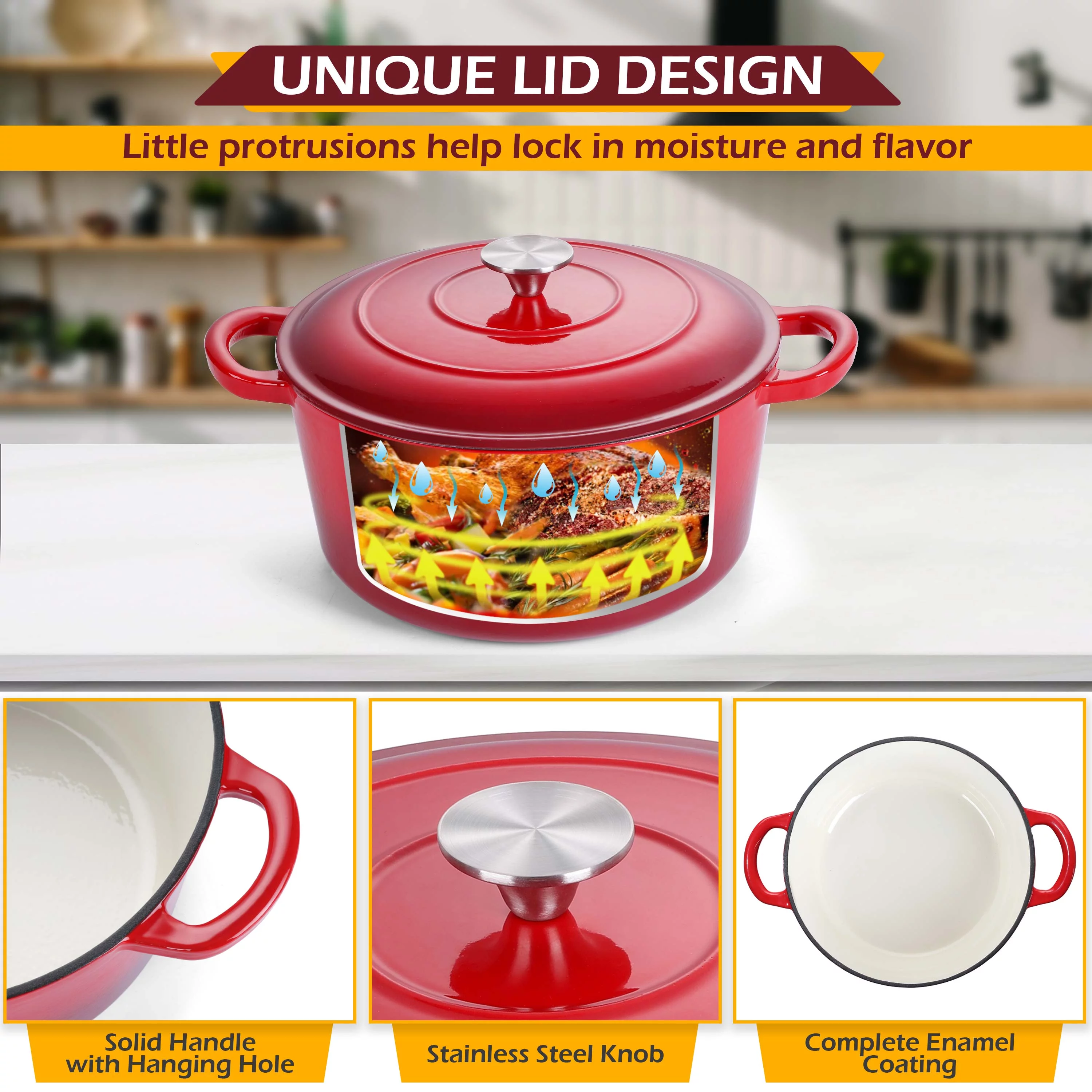 Walchoice 6 Quart Enameled Cast Iron Dutch Oven with Lid, Nonstick Round Dutch Oven Pot with Dual Handles for Braising, Stews, - Red