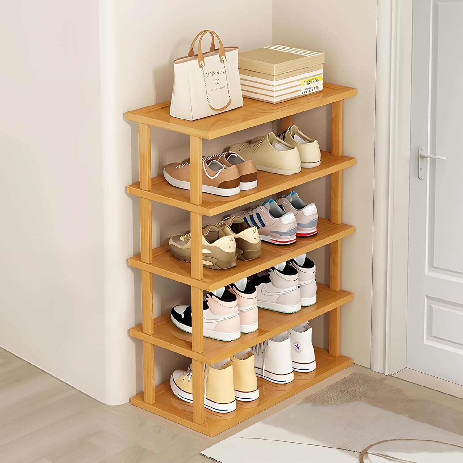 5 Tier Shoe Rack for Closet, Narrow Shoe Rack for Entryway, Small Bamboo Shoe Organizer, Space Saving Narrow Shoe Shelf, Stackable Shoe Racks Storage Organizer for Dorm Bedroom, Cloakroom