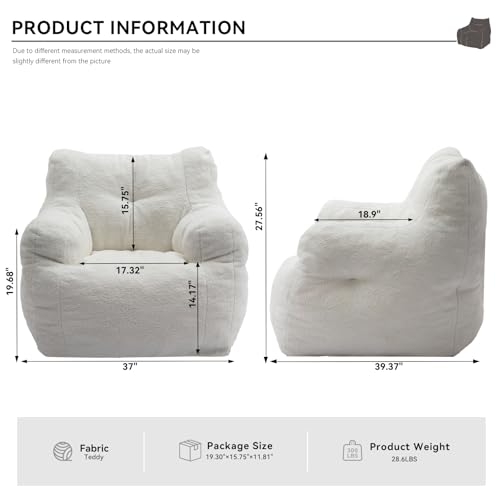 Bean Bag Chair for Adults, Giant Bean Bag Sofa Chair with Armrests, Teddy Plush Lazy Sofa Comfy Chair, Big Comfy Chair with Pocket, for Livingroom Bedroom Apartment (Ivory)