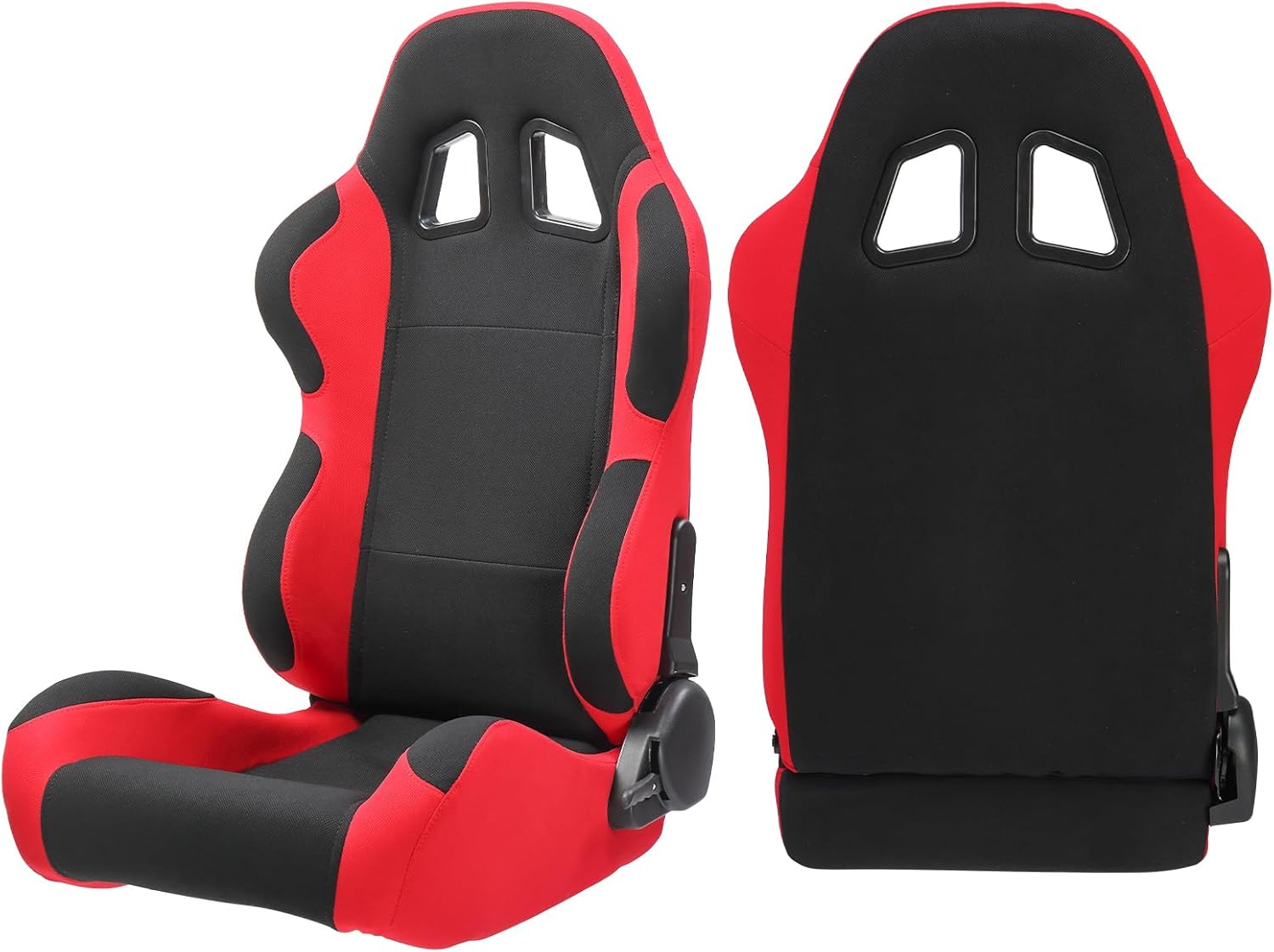 AutoForever 2Pcs Universal Fully Reclinable Nylon Racing Seats Double Slide Black and Red, With seat slide