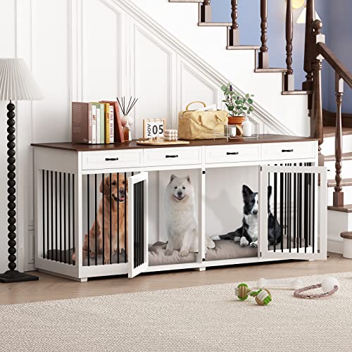 Large Dog Crate Furniture, 86.6 Inch Large Wooden Dog Kennel with Drawers & Divider, Heavy Duty Indoor Furniture Style Dog House with Double Rooms for Large Medium Small Dogs, White