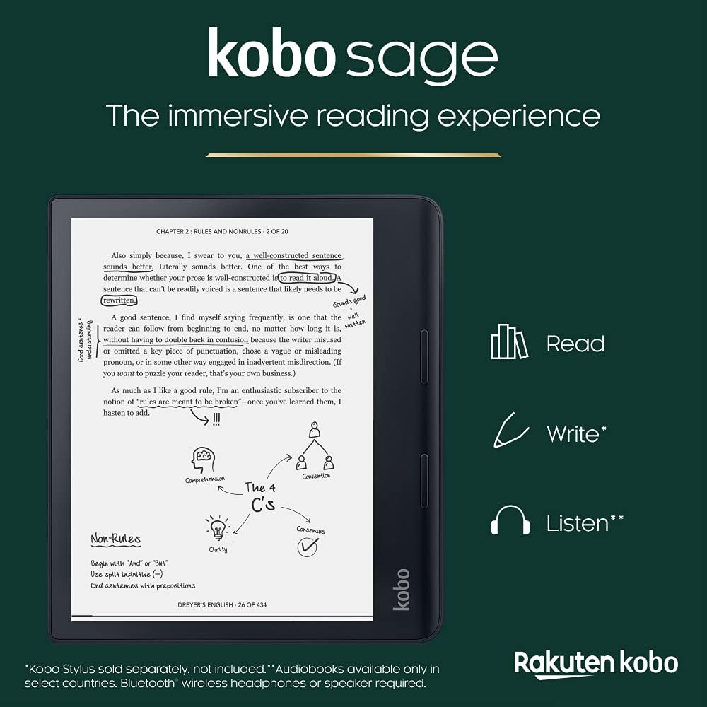 Kobo Sage | eReader | 8�?HD Glare Free Touchscreen | Waterproof | Adjustable Brightness and Color Temperature | Blue Light Reduction | Bluetooth | WiFi | 32GB of Storage | Carta E Ink Technology