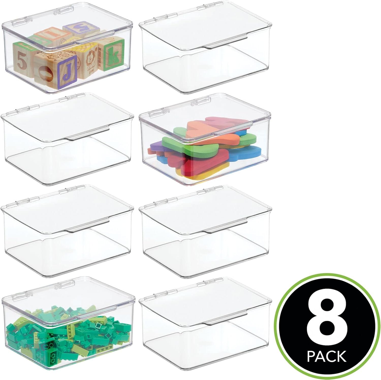 mDesign Plastic Stackable Compact Rectangular Storage Bin, Drawer or Cabinet Organizer with Lid, Container Box for Organizing Art Puzzles, Crayons, Pens, Pencils, Other Organization, 8 Pack - Clear Pack of 2