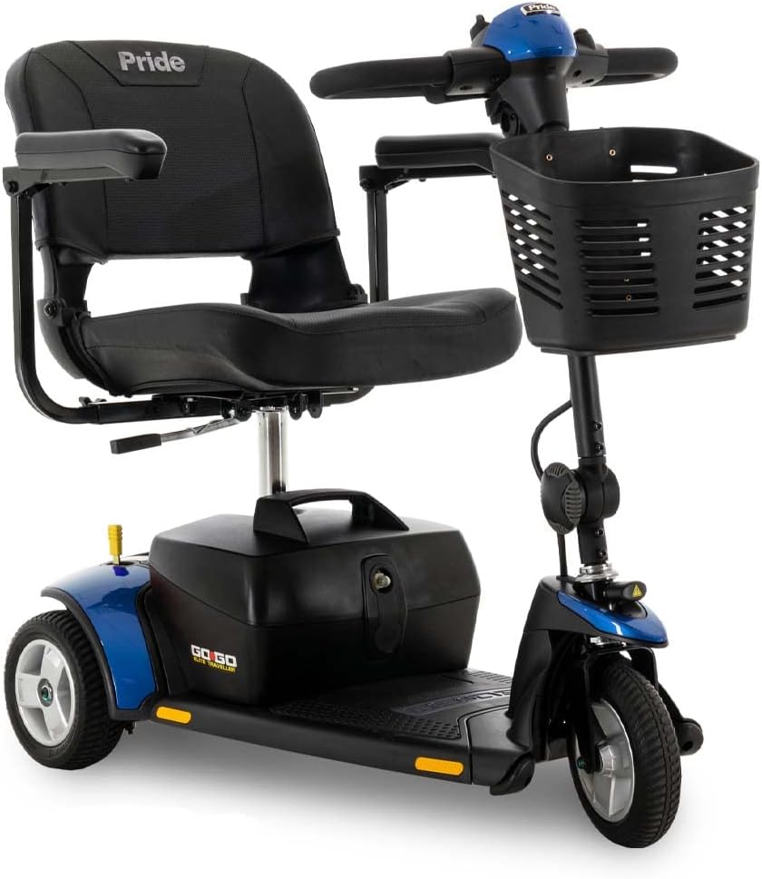 Pride Mobility Go-Go Elite Traveller 3-Wheel SC40E 18AH, Indoor & Outdoor Travel Electric Mobility Scooter w/Red & Blue Shroud Inserts for Adults, 300 lbs. WC, Up to 4 MPH, 10.5 Range Per Charge
