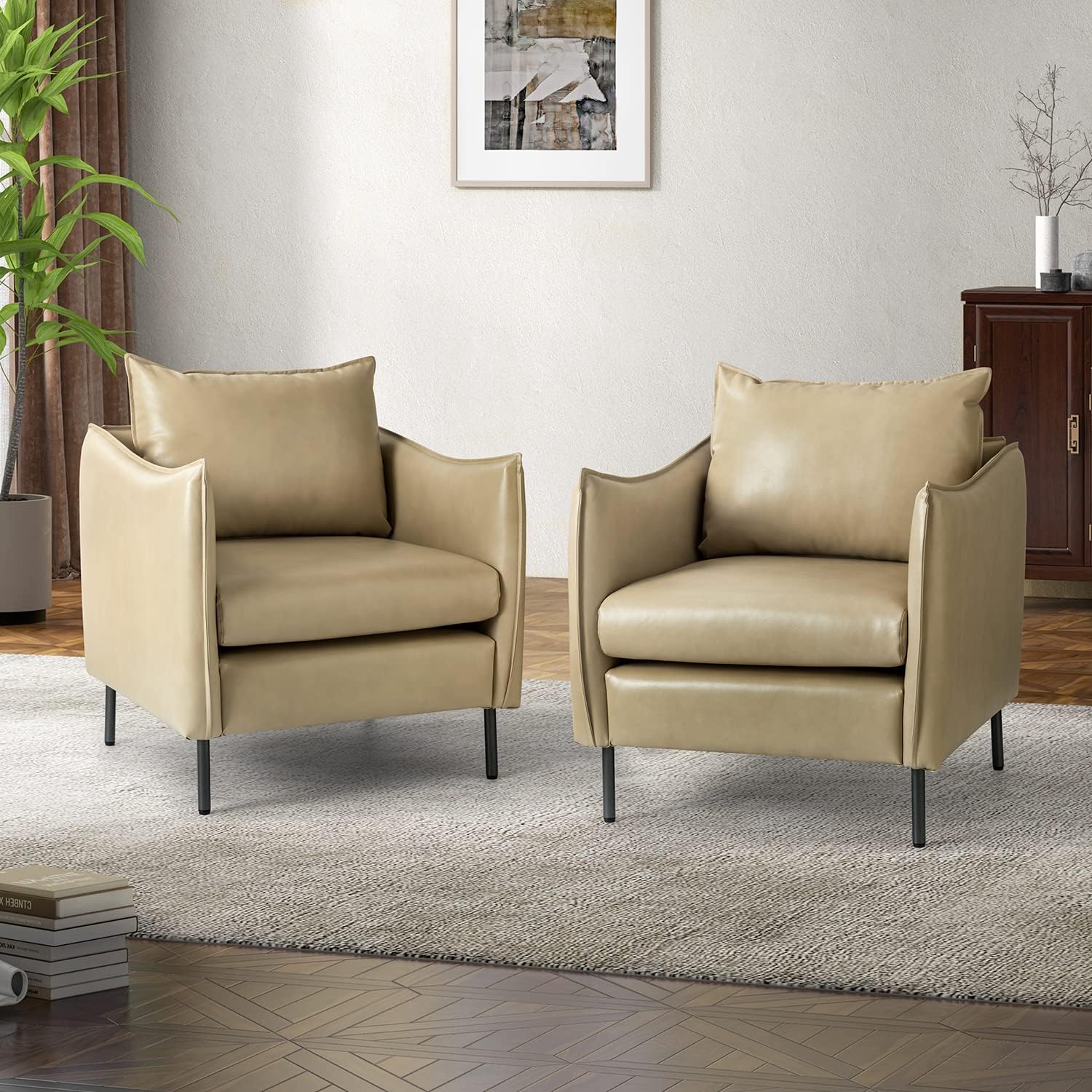 Leather Armchair Set Of 2, Modern Faux Leather Accent Armchair Upholstered Living Room Chairs With Moveable Cushion For Living Room, Office, Reading, Customer Reception, Beige
