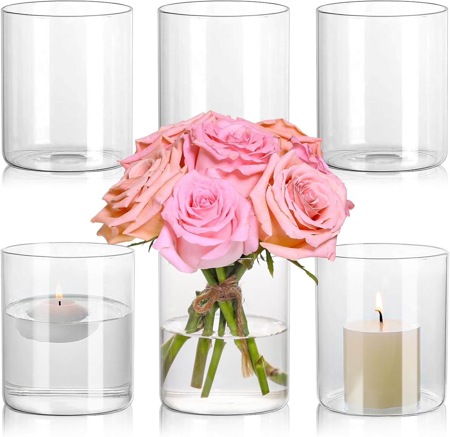 Glass Cylinder Vase Set of 6 for Centerpieces Clear Glass Flower Vases Bulk, Glass Hurricane Candle Holder Short 4 Inch Floral Vases for Table, Floating Candle Vases for Wedding Home Décor