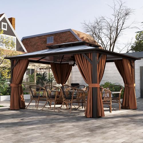 Aoxun 12'x14' Hardtop Gazebo, Aluminum Frame Permanent Pavilion with Curtains and Netting, Outdoor Polycarbonate Double Roof Canopy, Designed for Patio, Garden, Lawns, Brown