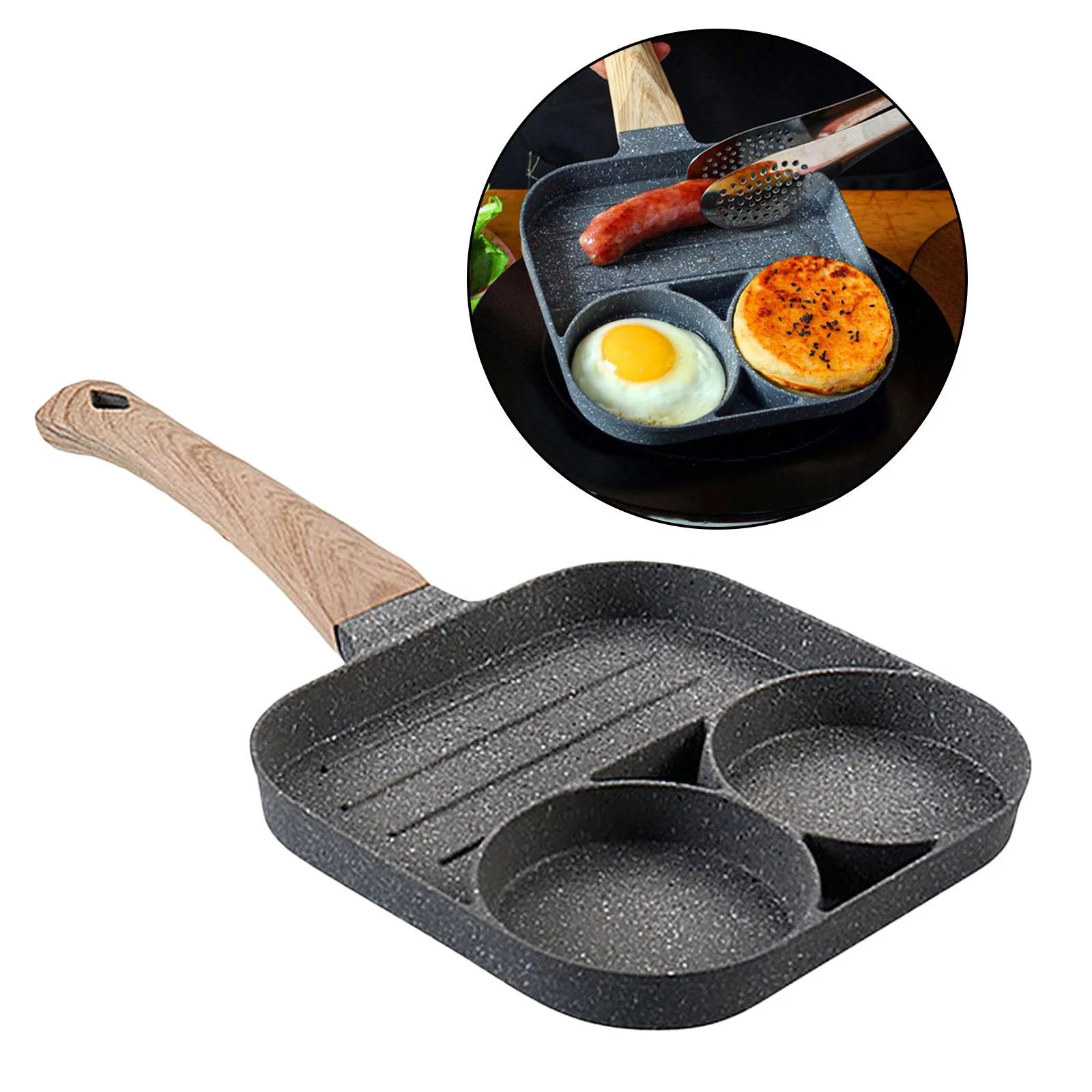 Medical Stone Egg Frying Stick 3-Cup Steak Pancake Sausage Omelet Cooker Pan with Long Kitchen Cooking Tool