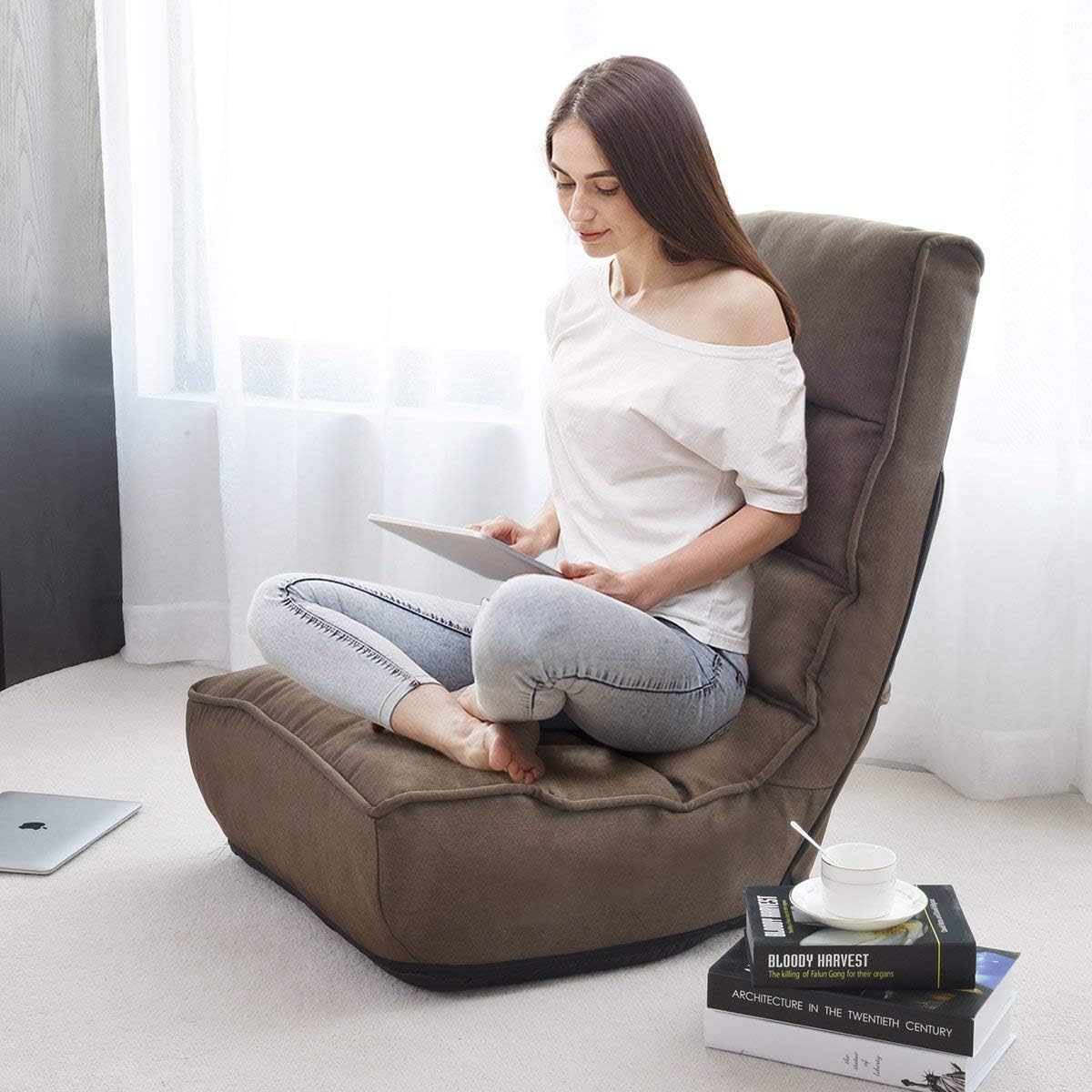 Casart Floor Chair Sleeper 4-Position Adjustable Angle Folding Lazy Sofa Cushioned Couch Lounger Easy for Storage, Brown