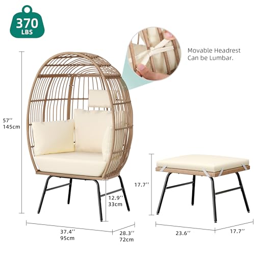 DWVO Rattan Egg Chair with Ottoman, Indoor Outdoor Egg Shape Wicker Chair for Patio, Backyard, Living Room, Basket Chair w/Footrest, 5 Cushions, 450lb Capacity, 38in Width, Steel Frame (Beige)
