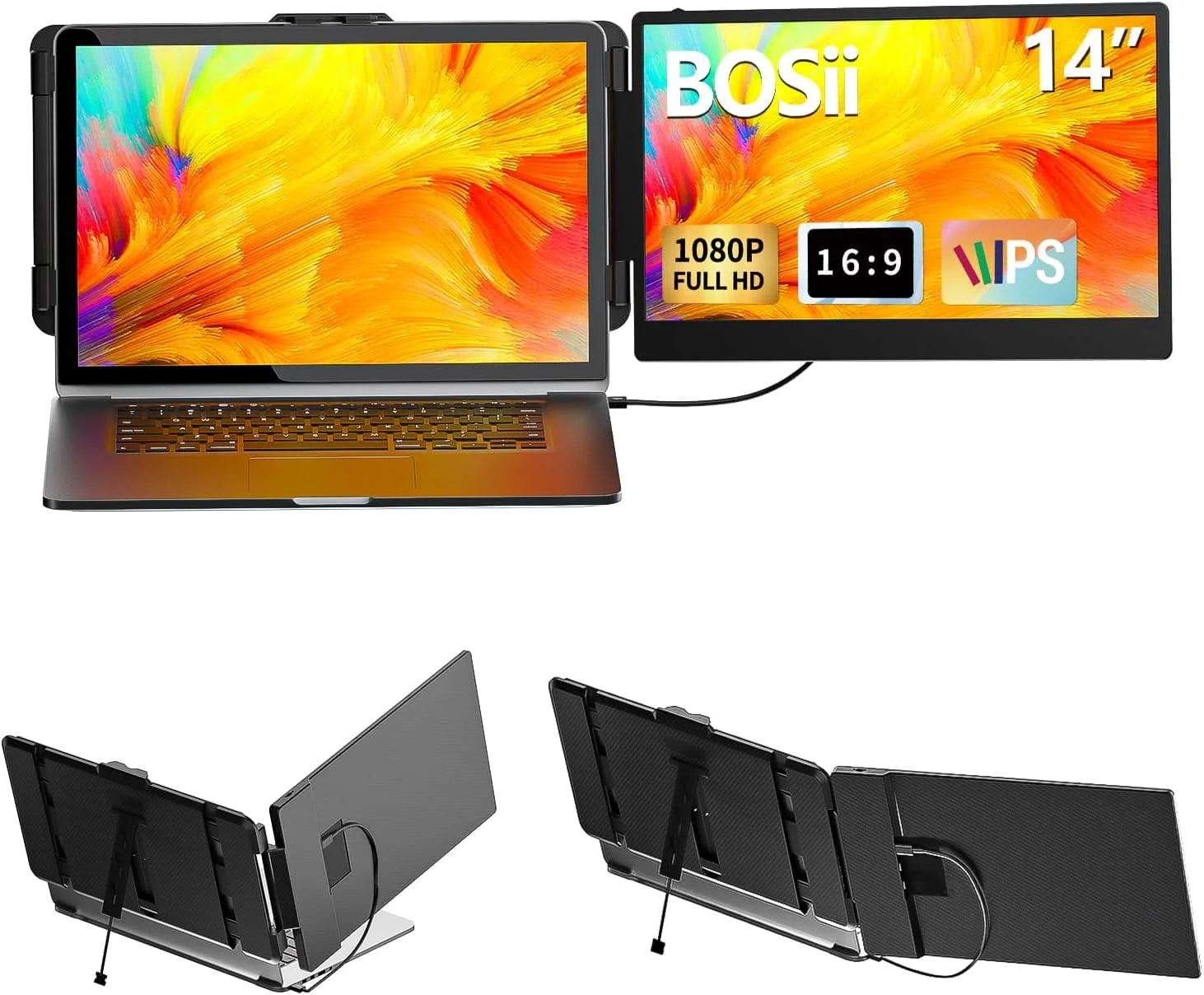 BOSII Laptop Screen Extender Monitor - 14 Inch Portable IPS FHD 1080P HDMI/USB-A/Type-C Extended Monitor for Laptops (Maximum Length: 15.94
