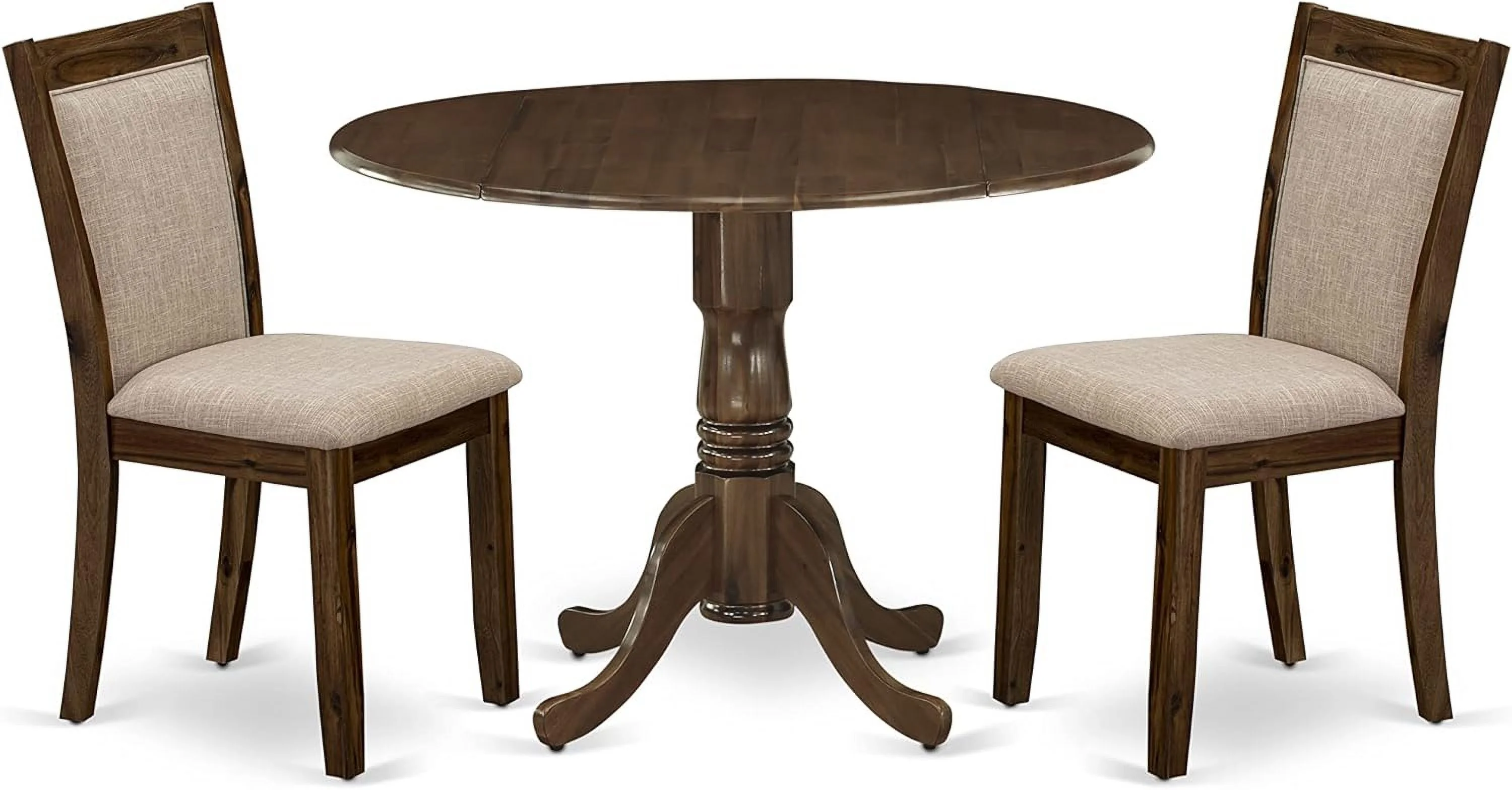 3 Piece Dinette Set For Small Spaces Contains A Round Table With Dropleaf And 2 Light Tan Linen Fabric Parsons Dining Chairs, 42X42 Inch