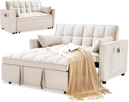 3 in 1 Sleeper Sofa Couch Bed, Velvet Convertible Loveseat Sleeper Sofa with 3 Level Adjustable Backrest, Storage Pockets, Toss Pillows, Pull Out Loveseat Sleeper for Living Room, Black