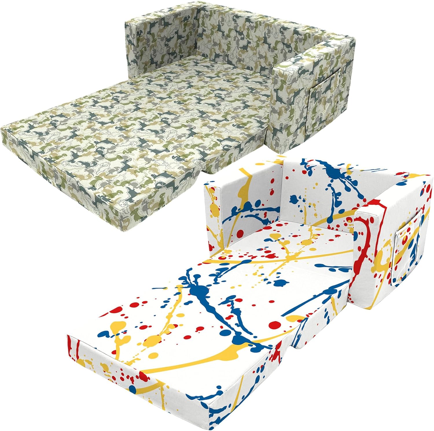 Kids Sofa, Children's Extra Wide Convertible Sofa to Lounger - Extra Soft 2 Seats 2 in 1 Flip Open Chair & Sleeper, Cute Dinosaur Print +Fold Out Flip Out Kids Sofa(Drip Painting)
