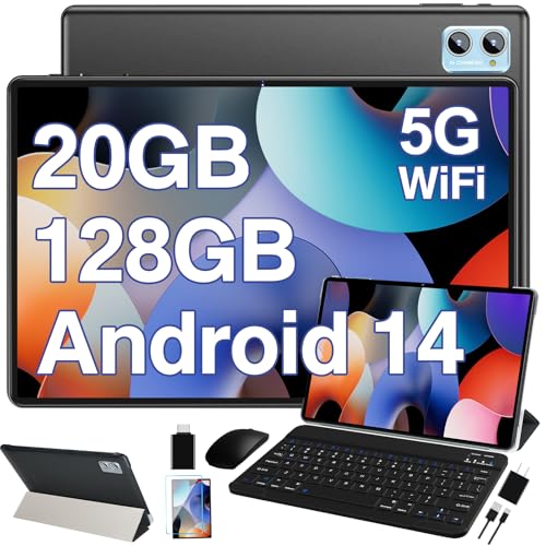 Android 14 Tablet 10.1 Inch Tablets, 20GB RAM 128GB ROM 1TB Expand Octa-Core 2 in 1 Tablet PC with Keyboard Mouse Case, 1280x800 IPS HD Touchscreen, Bluetooth WI-FI 6, Widevine L1 (Black)