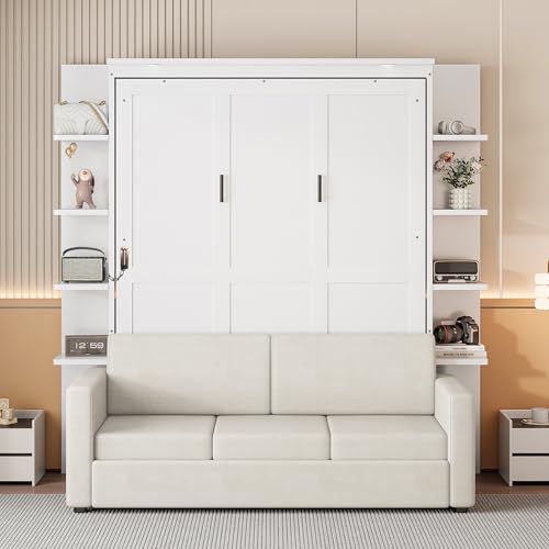 Queen Size Murphy Bed, Wood Wall Bed Frame with Storage Shelves, Space-Saving Murphy Cabinet Bed for Guestroom, Office, Apartment, White
