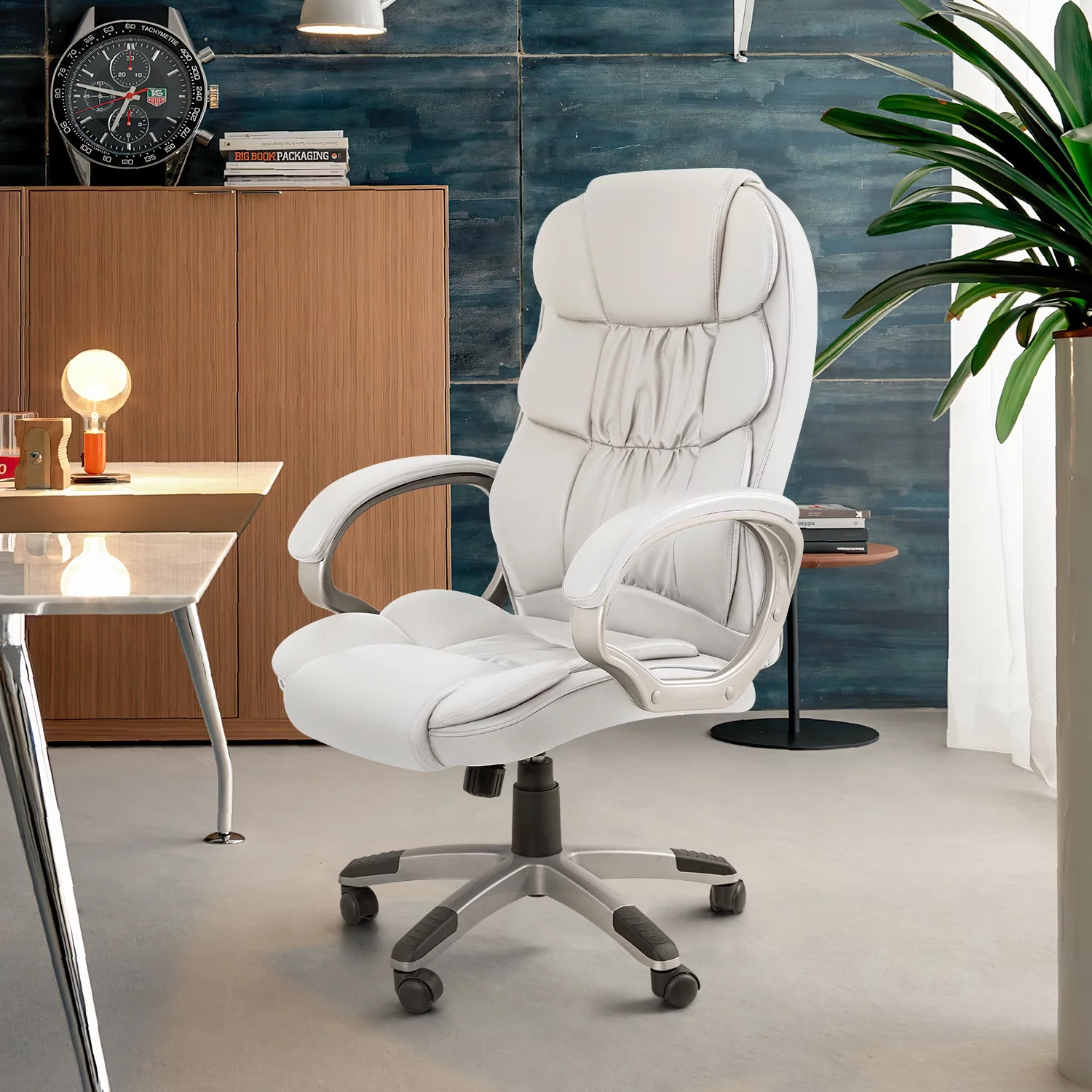 Lacoo Leather High Back Office Chair Ergonomic Executive Office Chair Swivel Computer Desk Chair Lumbar Support Soft Cushioned Padded Arms, White